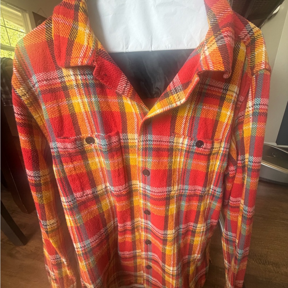 Frame Denim Red Plaid Button-Down Shirt with Yellow & Blue Accents